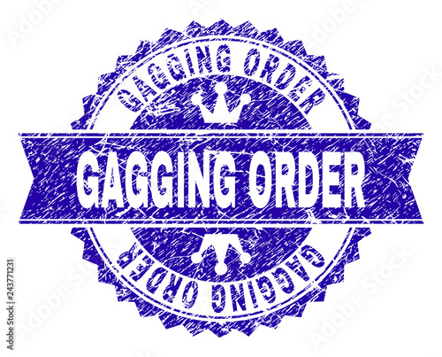GAGGING ORDER rosette stamp seal overlay with distress style. Designed with round rosette, ribbon and small crowns. Blue vector rubber watermark of GAGGING ORDER tag with grunge style.