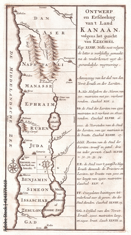 1729, Schryver Map of Israel showing 12 Tribes