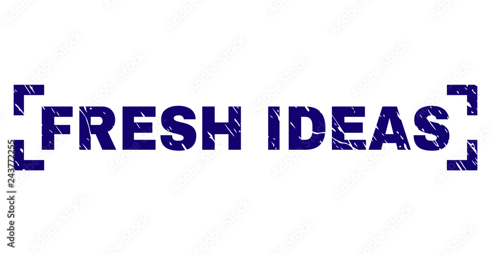 FRESH IDEAS tag seal print with grunge style. Text caption is placed inside corners. Blue vector rubber print of FRESH IDEAS with grunge texture.