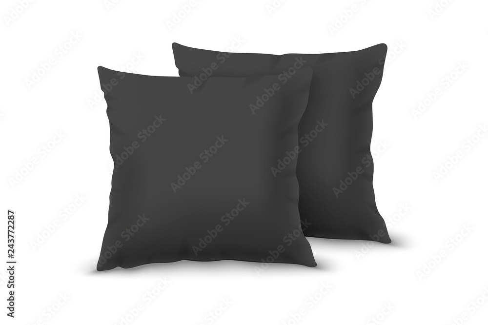 Vector Realistic 3d Black Pillow Set Closeup Isolated on White Background. Elements of Bedroom, Home, Hotel Decor. Design Template of Square Pillows for Graphics and Mockup. Front View Vector Realistic 3d Black Pillow Set Closeup Isolated on White Background. Elements of Bedroom, Home, Hotel Decor. Design Template of Square Pillows for Graphics and Mockup. Front View