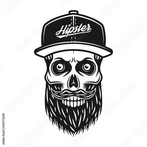 Bearded skull in baseball cap with text hipster