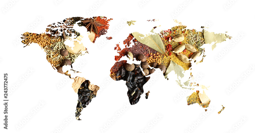 Fototapeta Światowa mapa różne aromatyczne pikantność na białym tle. Kolekcja kreatywna