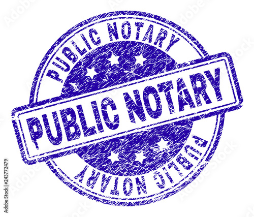 PUBLIC NOTARY stamp seal watermark with grunge texture. Designed with rounded rectangles and circles. Blue vector rubber print of PUBLIC NOTARY tag with grunge texture.