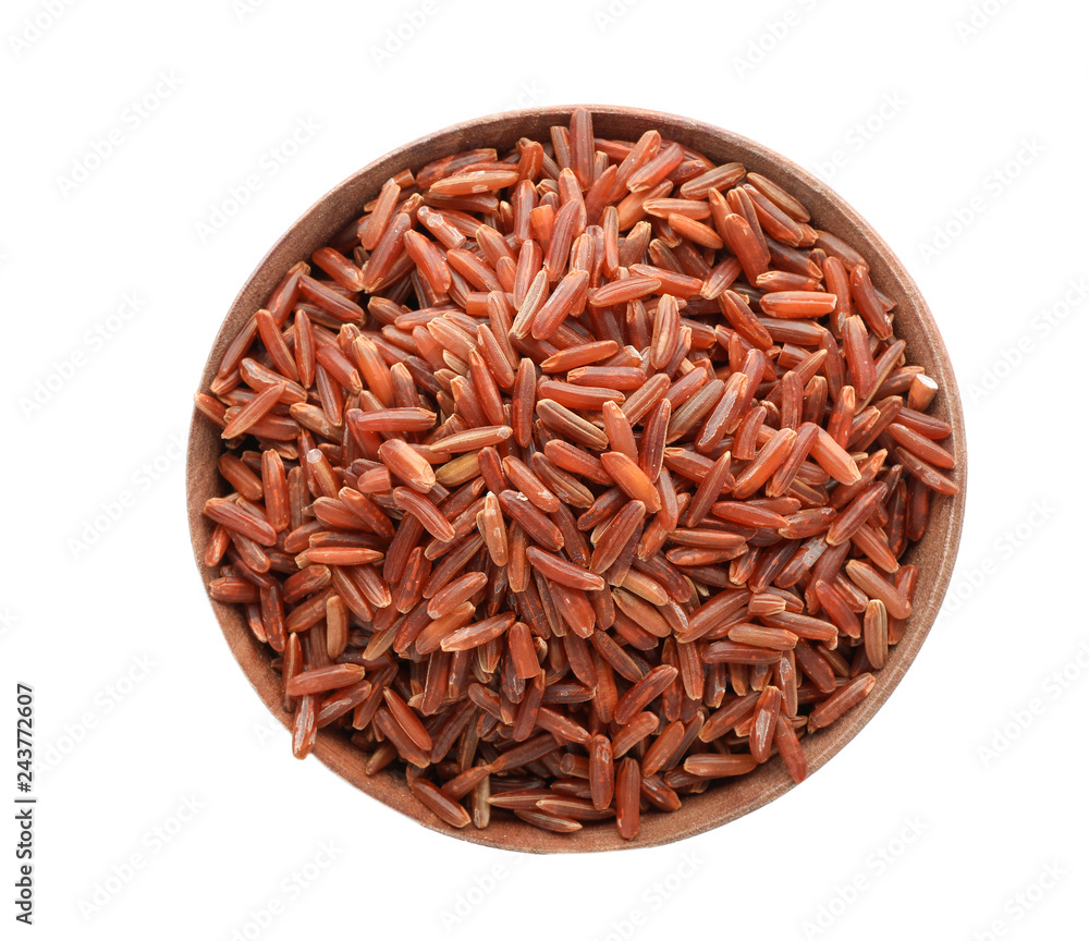 Wooden bowl with brown rice on white background, top view Wooden bowl with brown rice on white background, top view