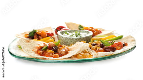 Plate of tortillas with chili con carne on white background