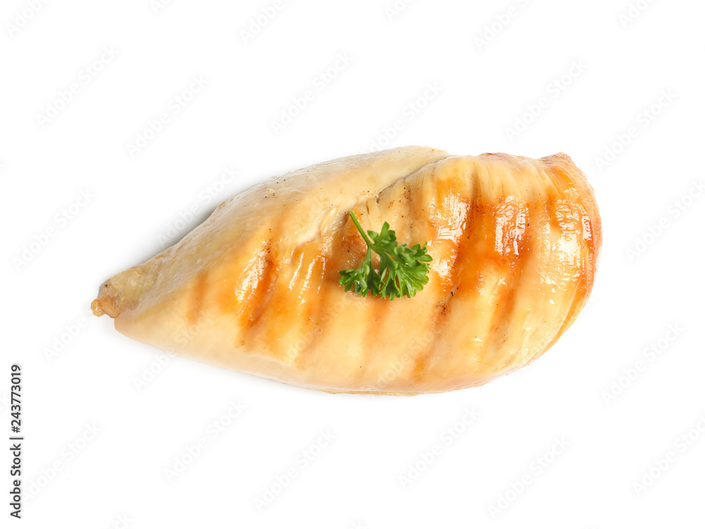 Grilled chicken breast with parsley on white background, top view Grilled chicken breast with parsley on white background, top view
