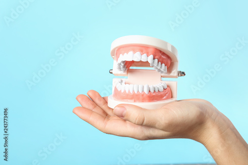 Woman holding educational model of oral cavity with teeth on color background. Space for text