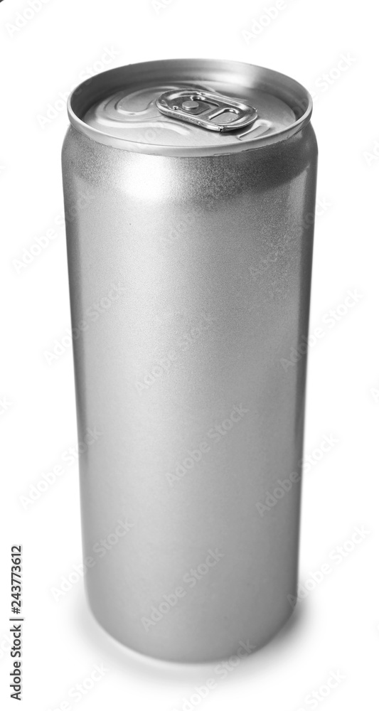 Empty aluminum can with beverage on white background. Mockup for design