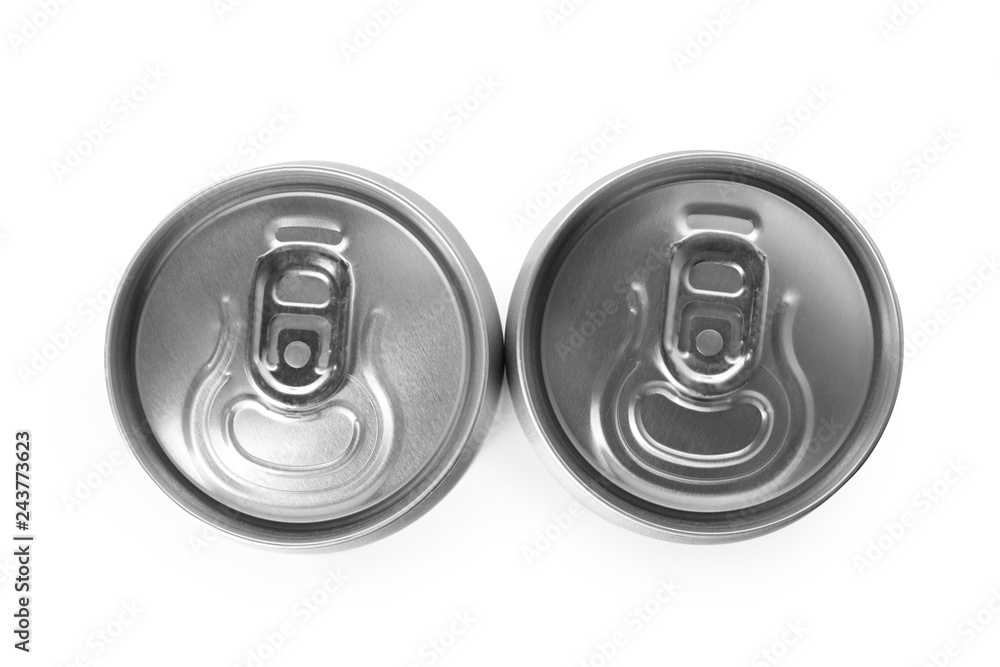 Top view of aluminum cans with beverage on white background