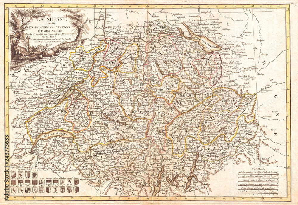 1771, Bonne Map of Switzerland, Rigobert Bonne 1727 – 1794, one of the most important cartographers of the late 18th century