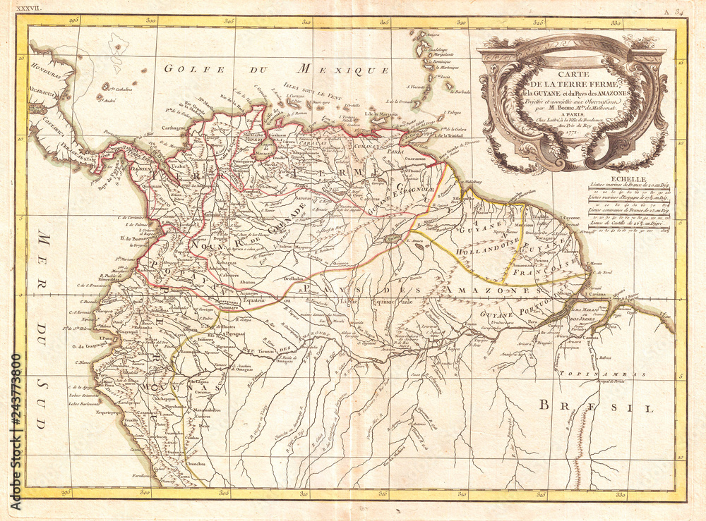 1771, Bonne Map of Tierra Firma or Northern South America, Rigobert Bonne 1727 – 1794, one of the most important cartographers of the late 18th century