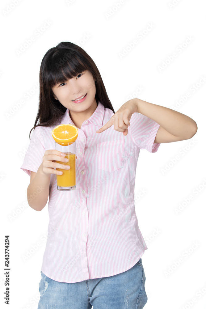 Chinese woman drinking orange juice isolated on white background Chinese woman drinking orange juice isolated on white background