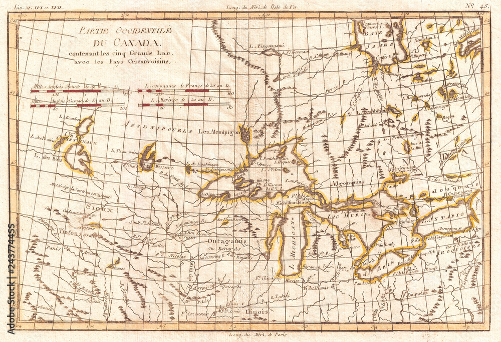 1775, Bonne Map of the Great Lakes and Upper Mississippi, Rigobert Bonne 1727 – 1794, one of the most important cartographers of the late 18th century