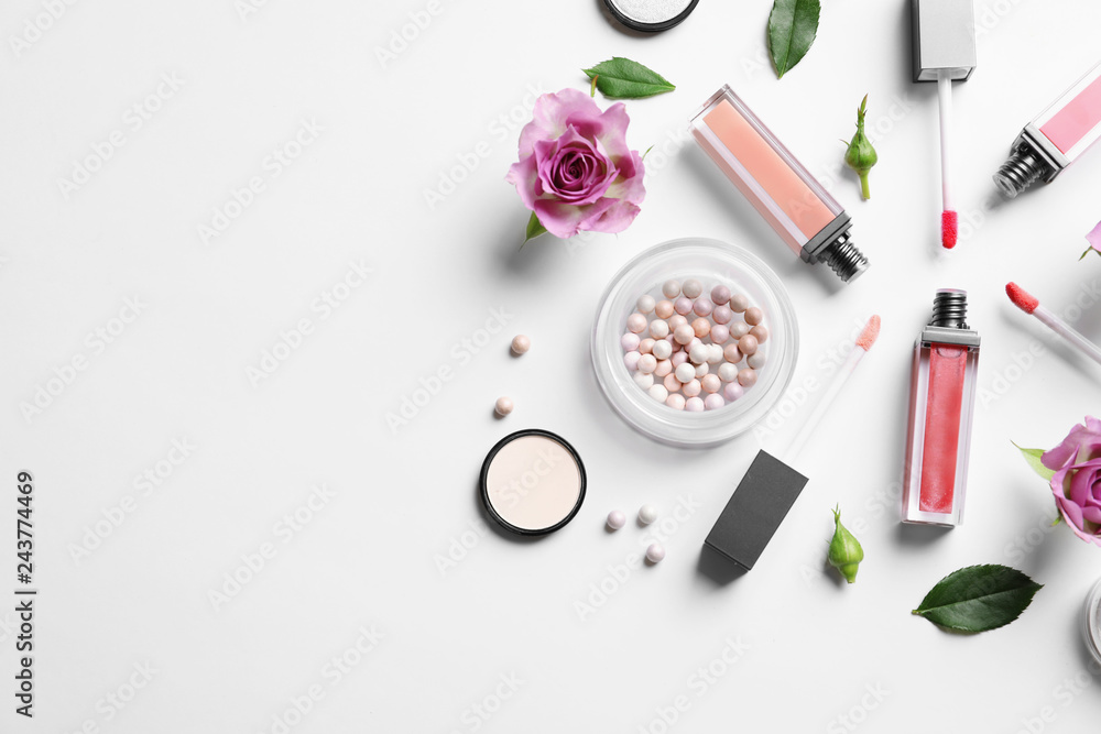 Composition with lipsticks on white background, flat lay. Space for text