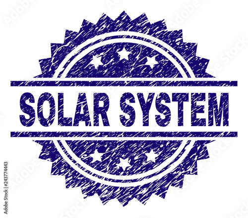 SOLAR SYSTEM stamp seal watermark with distress style. Blue vector rubber print of SOLAR SYSTEM text with grunge texture.