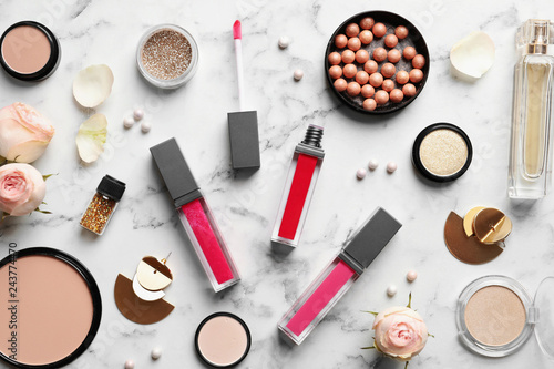 Beautiful composition with lipsticks on light background, flat lay