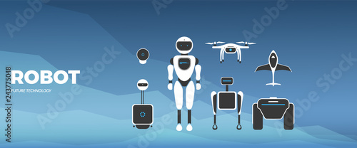 Modern robotic set vector illustration with stylish robot, drone, autonomous vehicle, flying car
