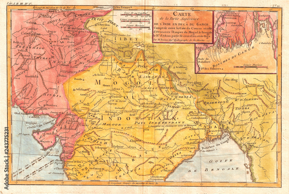 1780, Bonne Map of Northern India, Rigobert Bonne 1727 – 1794, one of the most important cartographers of the late 18th century