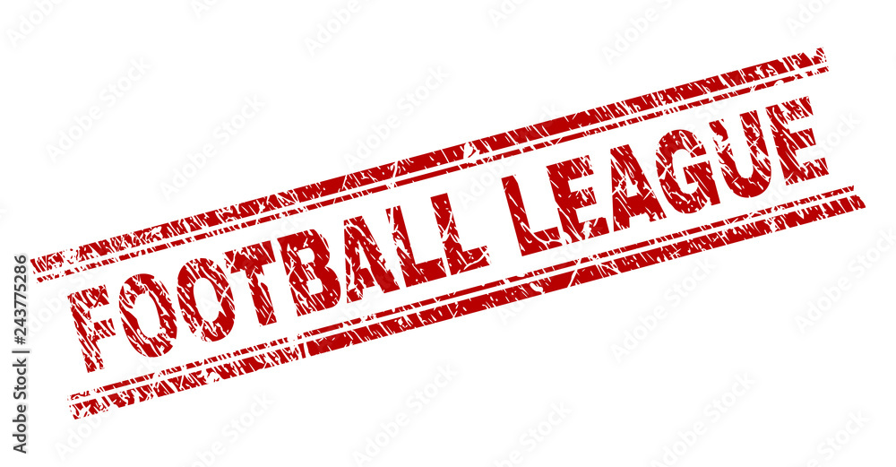 FOOTBALL LEAGUE seal print with corroded effect. Red vector rubber print of FOOTBALL LEAGUE text with scratched texture. Text caption is placed between double parallel lines. FOOTBALL LEAGUE seal print with corroded effect. Red vector rubber print of FOOTBALL LEAGUE text with scratched texture. Text caption is placed between double parallel lines.