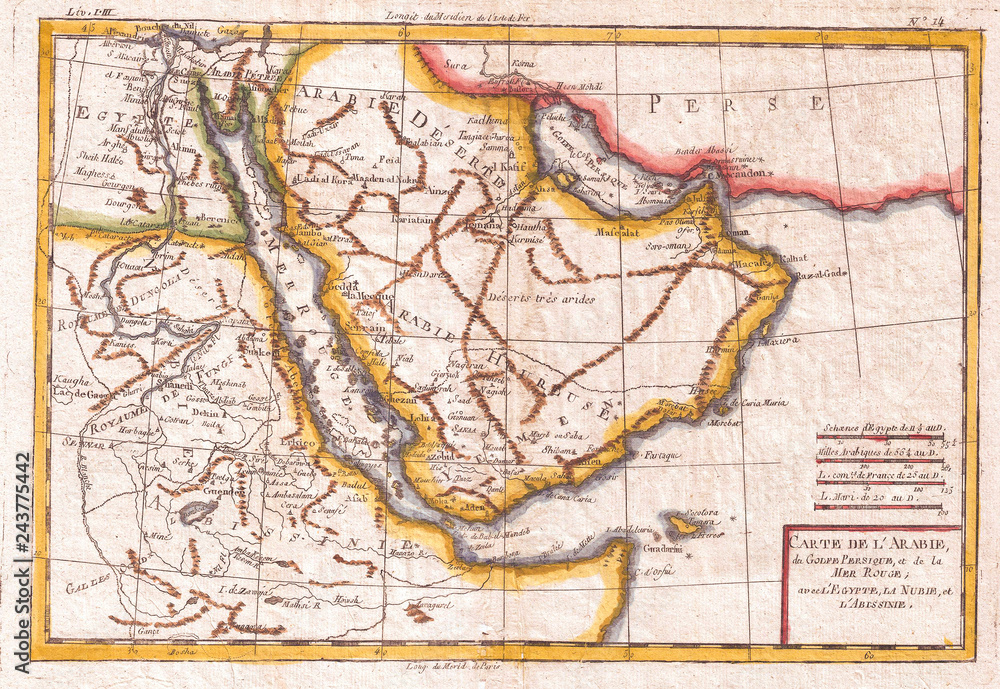 1780, Raynal and Bonne Map of Arabia and Abyssinia, Rigobert Bonne 1727 – 1794, one of the most important cartographers of the late 18th century