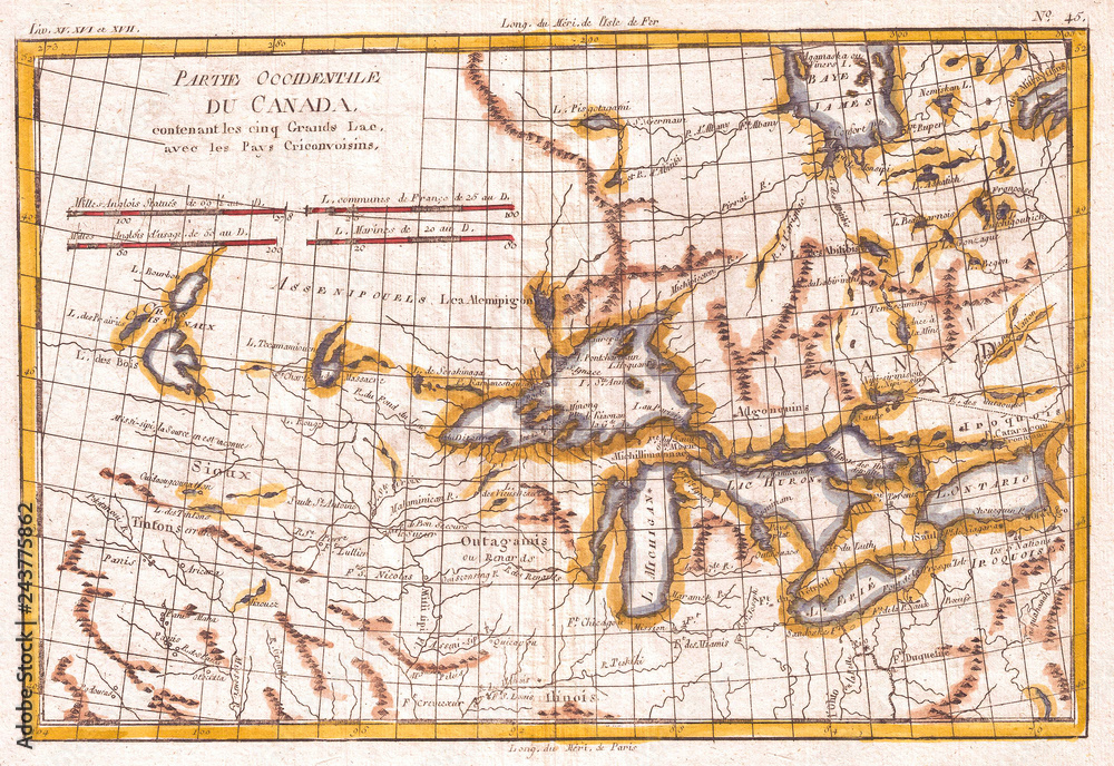 Obraz premium 1780, Raynal and Bonne Map of Great Lakes and Upper Mississippi, Rigobert Bonne 1727 – 1794, one of the most important cartographers of the late 18th century