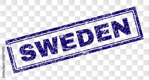 SWEDEN stamp seal print with grunge style and double framed rectangle shape. Stamp is placed on a transparent background. Blue vector rubber print of SWEDEN label with unclean texture.