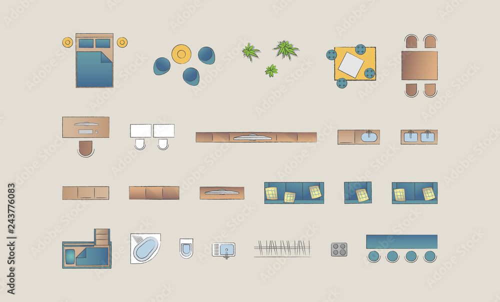 Set top view for interior icon design. Isolated Vector Illustration. Flat interior top view icon