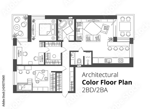 Architectural Color Floor Plan.Two Bedrooms Apartment. Flat architectural plan top view position with divided rooms