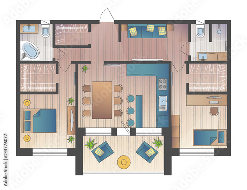 Architectural Color Floor Plan.Two Bedrooms Apartment. Flat architectural plan top view position with divided rooms