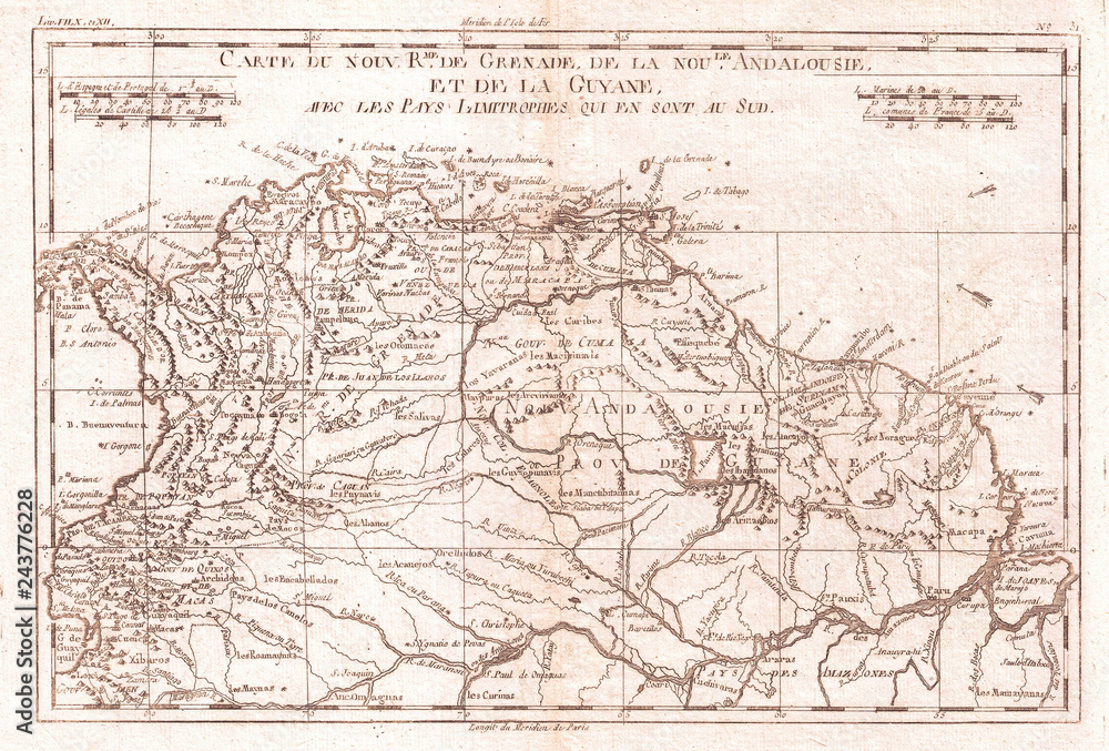 1780, Raynal and Bonne Map of Northern South America, Rigobert Bonne 1727 – 1794, one of the most important cartographers of the late 18th century