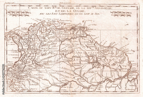 1780, Raynal and Bonne Map of Northern South America, Rigobert Bonne 1727 – 1794, one of the most important cartographers of the late 18th century