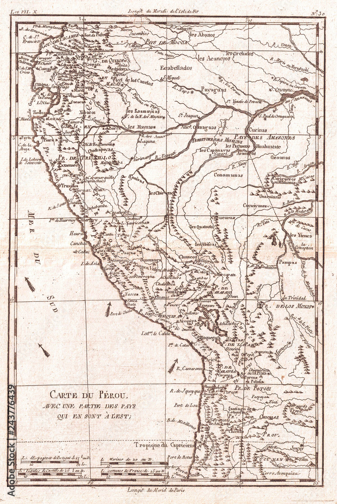 Fototapeta premium 1780, Raynal and Bonne Map of Peru, Rigobert Bonne 1727 – 1794, one of the most important cartographers of the late 18th century