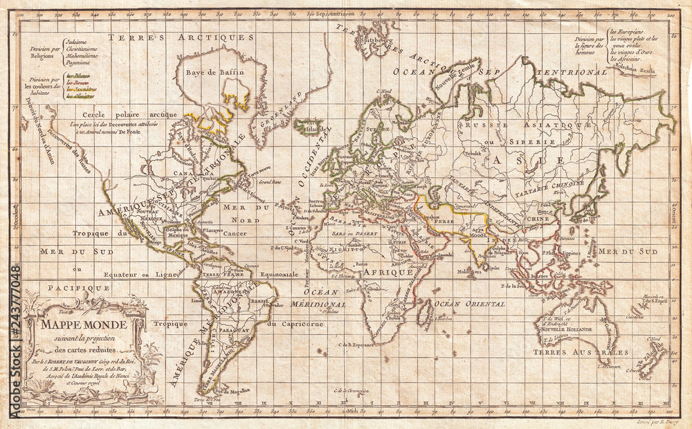 1784, Vaugondy Map of the World on Mercator Projection