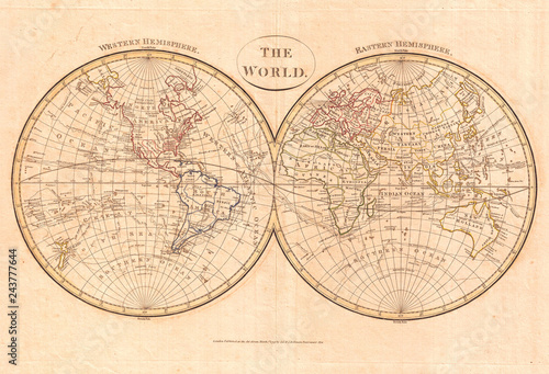 1799, Cruttwell Map of the World in Hemispheres