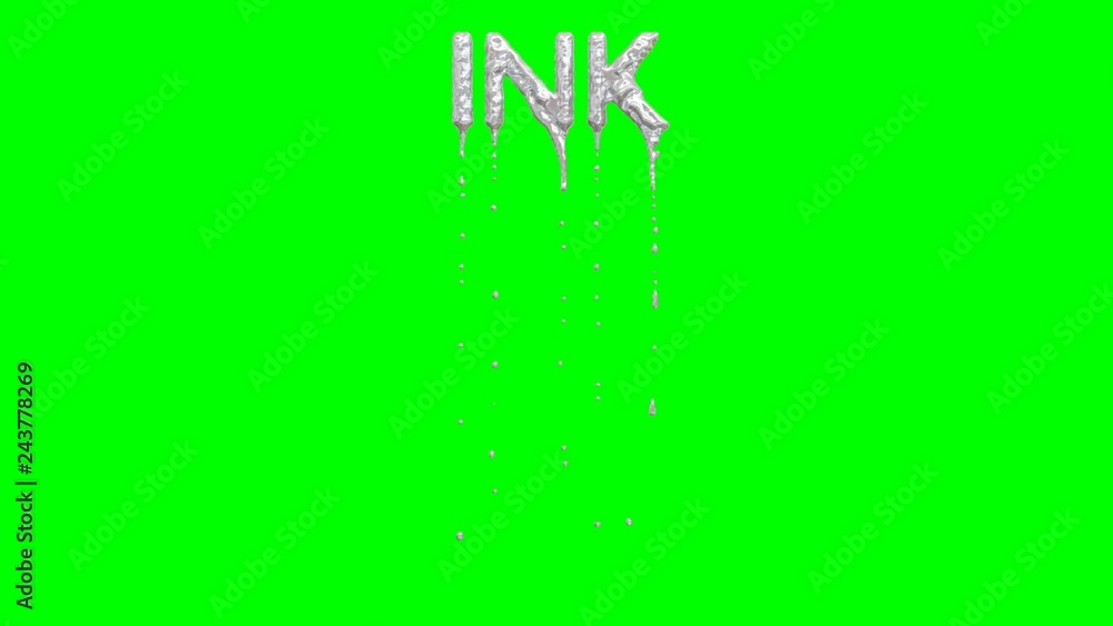 Animated dripping a lot of silver paint or ink or liquid metal from all caps text Ink. Liquid is dripping from three dimensional letters against green background. Animated dripping a lot of silver paint or ink or liquid metal from all caps text Ink. Liquid is dripping from three dimensional letters against green background.