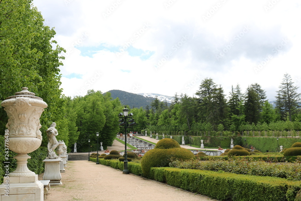 Beautiful landscape of the large gardens of the Royal Palace of La Granja de San Ildefonso, Segovia, Spain