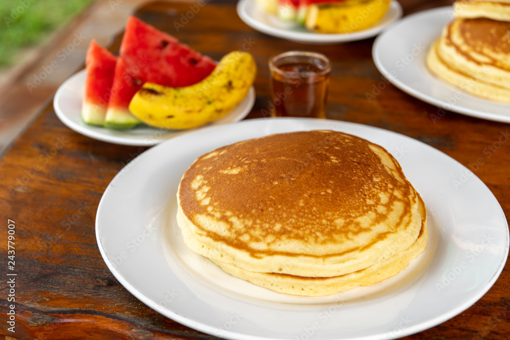 Breakfast Pancake with syrup and Fruits Breakfast Pancake with syrup and Fruits