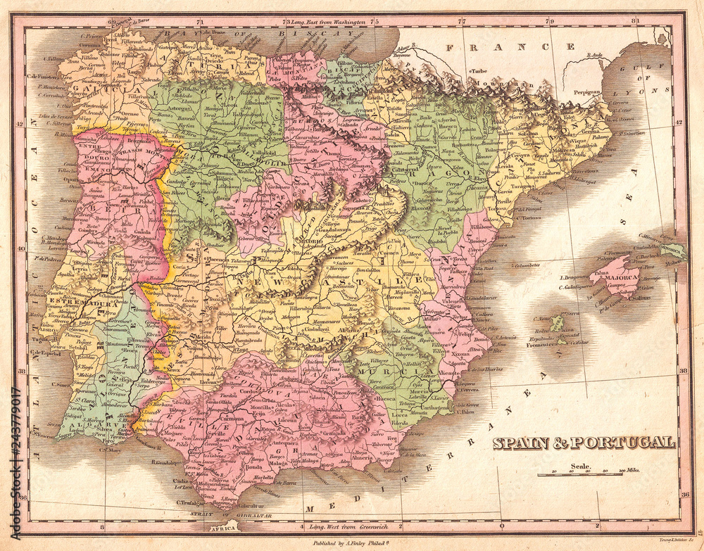1827, Finely Map of Spain and Portugal