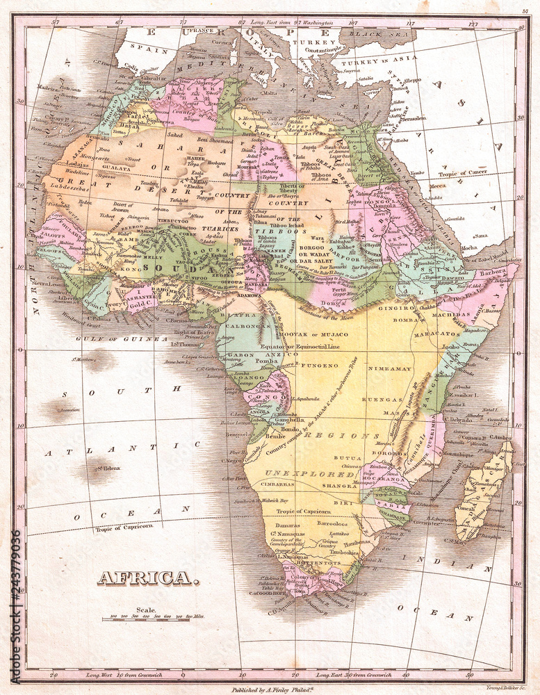 Naklejka premium 1827, Finley Map of Africa, Anthony Finley mapmaker of the United States in the 19th century