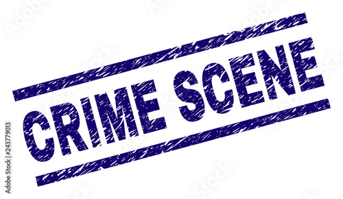 CRIME SCENE seal print with distress style. Blue vector rubber print of CRIME SCENE title with scratched texture. Text tag is placed between parallel lines.