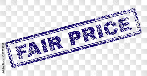 FAIR PRICE stamp seal imprint with rubber print style and double framed rectangle shape. Stamp is placed on a transparent background. Blue vector rubber print of FAIR PRICE label with unclean texture.