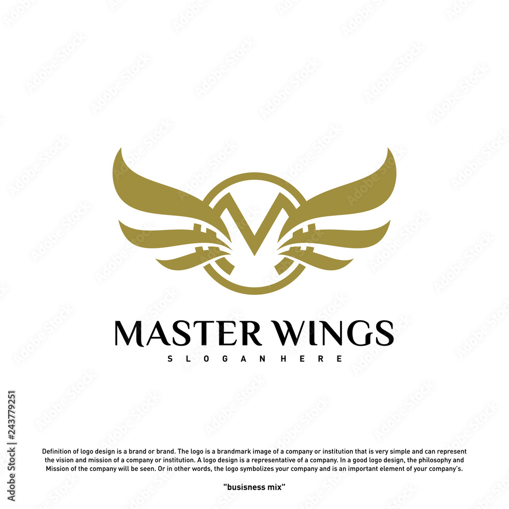 Wings M letter logo. Initial M Wings Logo Template. Golden creative alphabet, air emblem - Vector Wings M letter logo. Initial M Wings Logo Template. Golden creative alphabet, air emblem - Vector