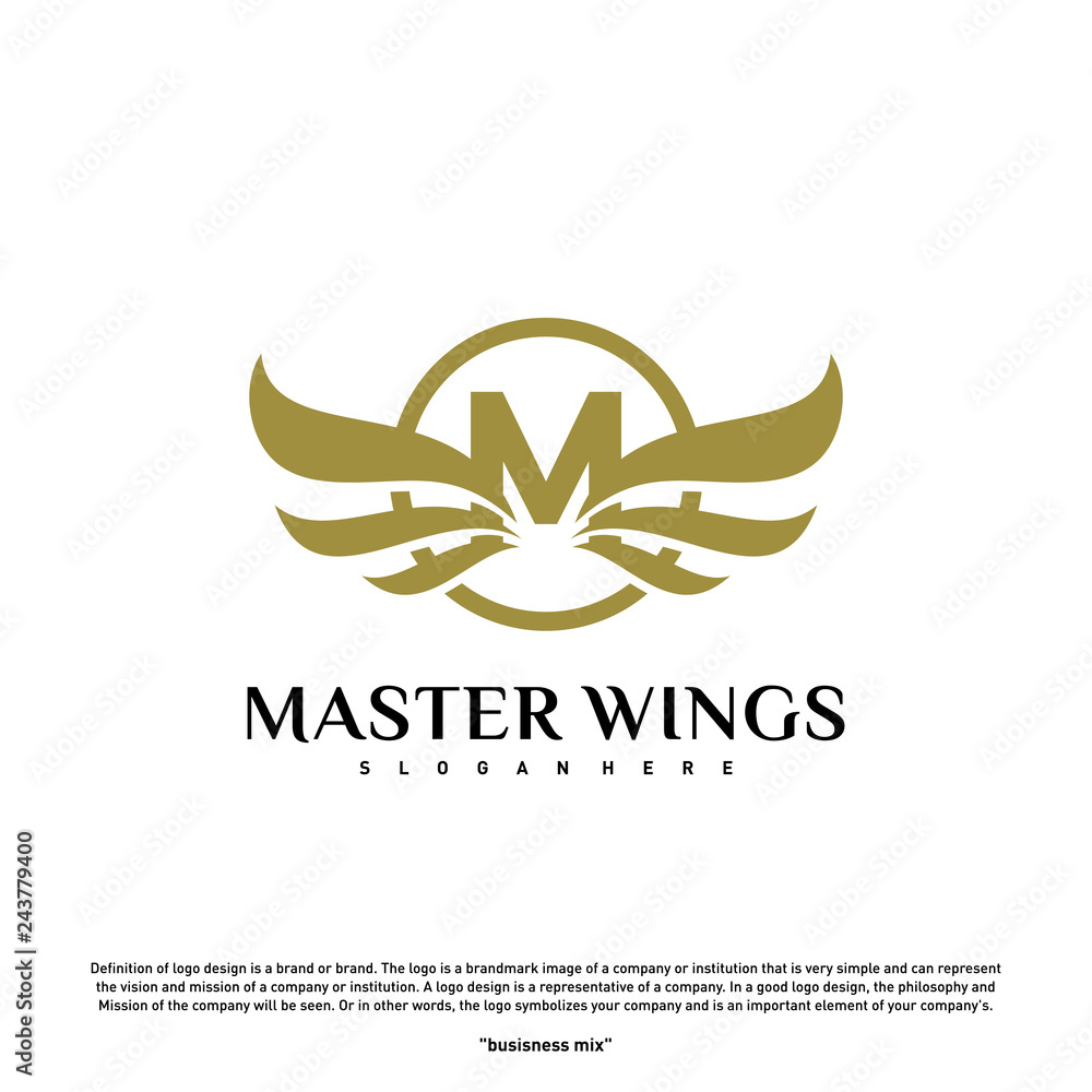 Wings M letter logo. Initial M Wings Logo Template. Golden creative alphabet, air emblem - Vector