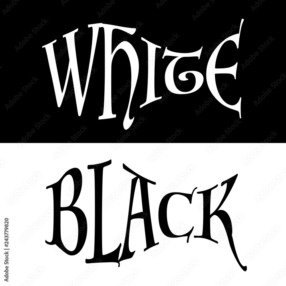 Obraz premium Words Black and White with opposite backgrounds, concept. Words in shape of fish. 