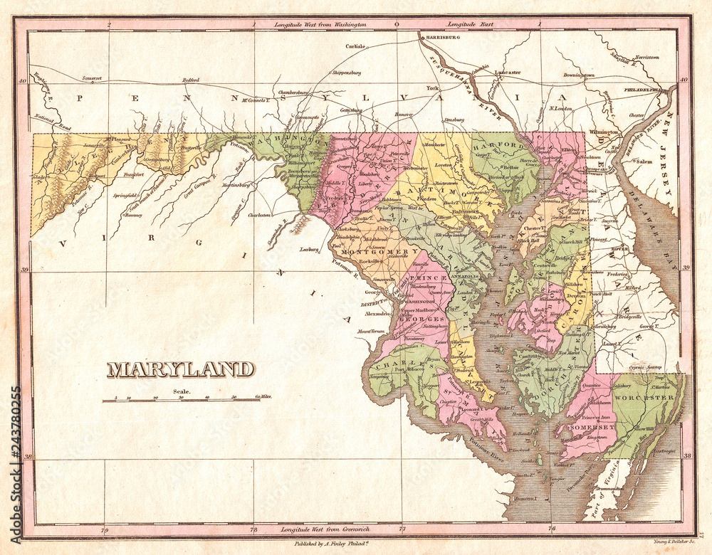 1827, Finley Map of Maryland, Anthony Finley mapmaker of the United States in the 19th century