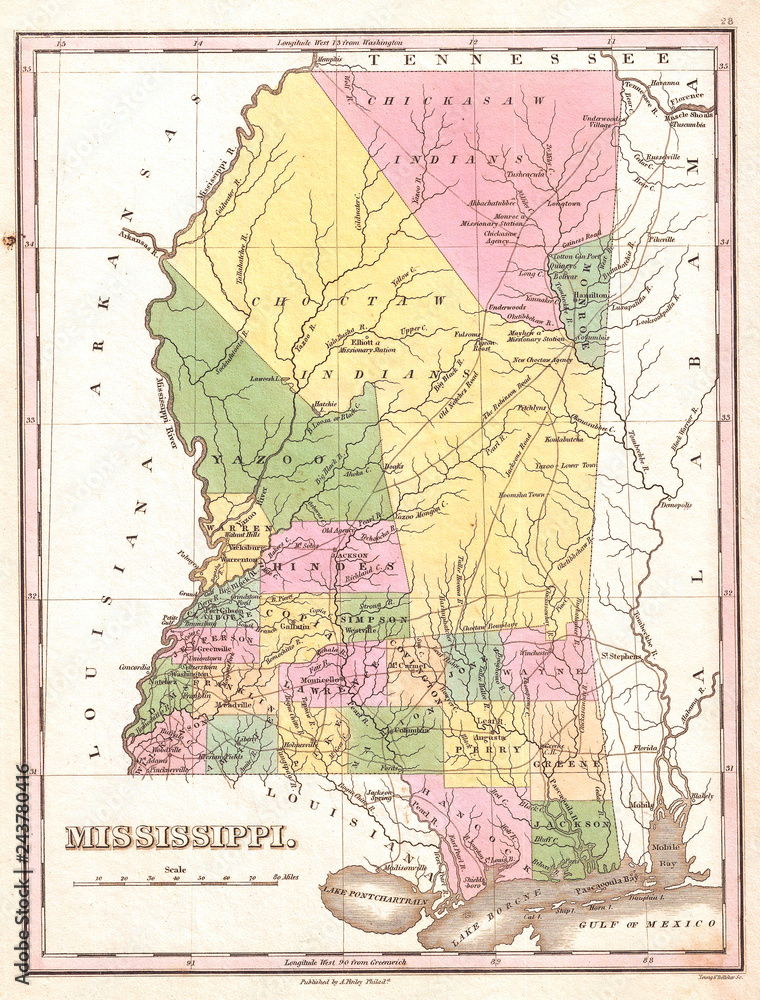 Fototapeta premium 1827, Finley Map of Mississippi, Anthony Finley mapmaker of the United States in the 19th century