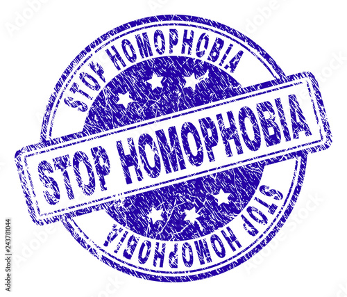 STOP HOMOPHOBIA stamp seal watermark with grunge texture. Designed with rounded rectangles and circles. Blue vector rubber print of STOP HOMOPHOBIA caption with grunge texture.