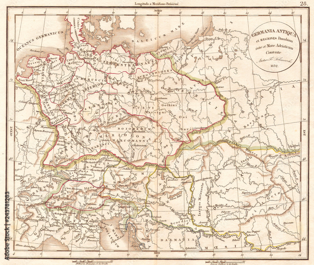 1832, Delamarche Map of Germany in Roman Times