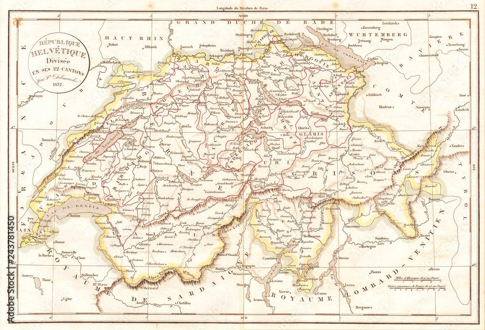 1832, Delamarche Map of Switzerland