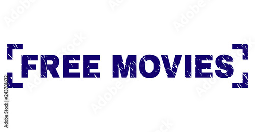 FREE MOVIES caption seal print with distress texture. Text label is placed between corners. Blue vector rubber print of FREE MOVIES with scratched texture.